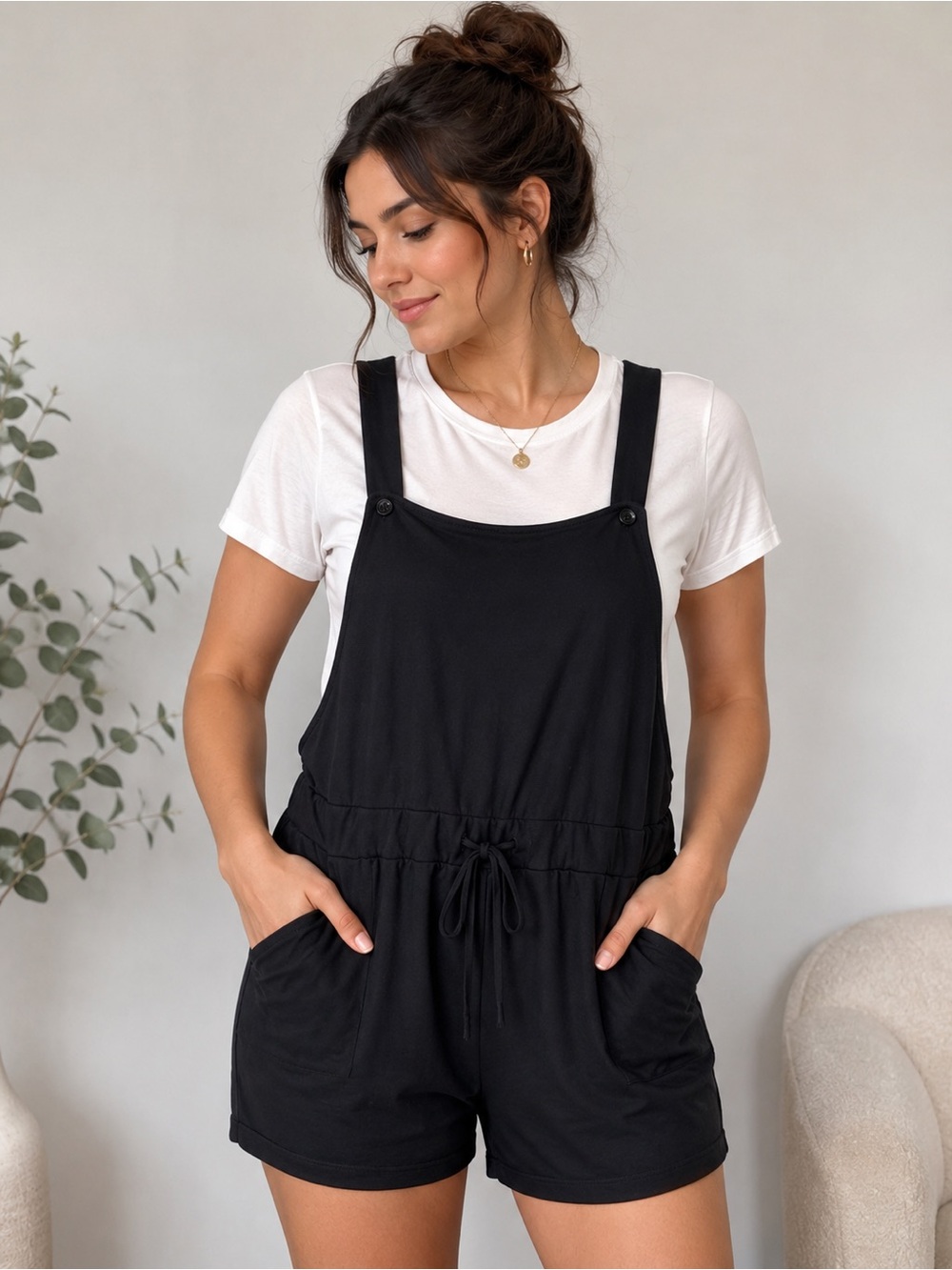 NY&C Soho Street Black Soft Knit Overall Romper Shortalls XL Drawstring Waist